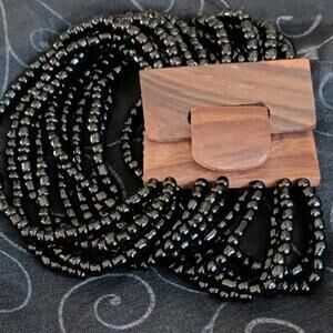 Bali Style 14 Strand  Black Glass Bead Bracelet W/ Wood Clasp, Stretch